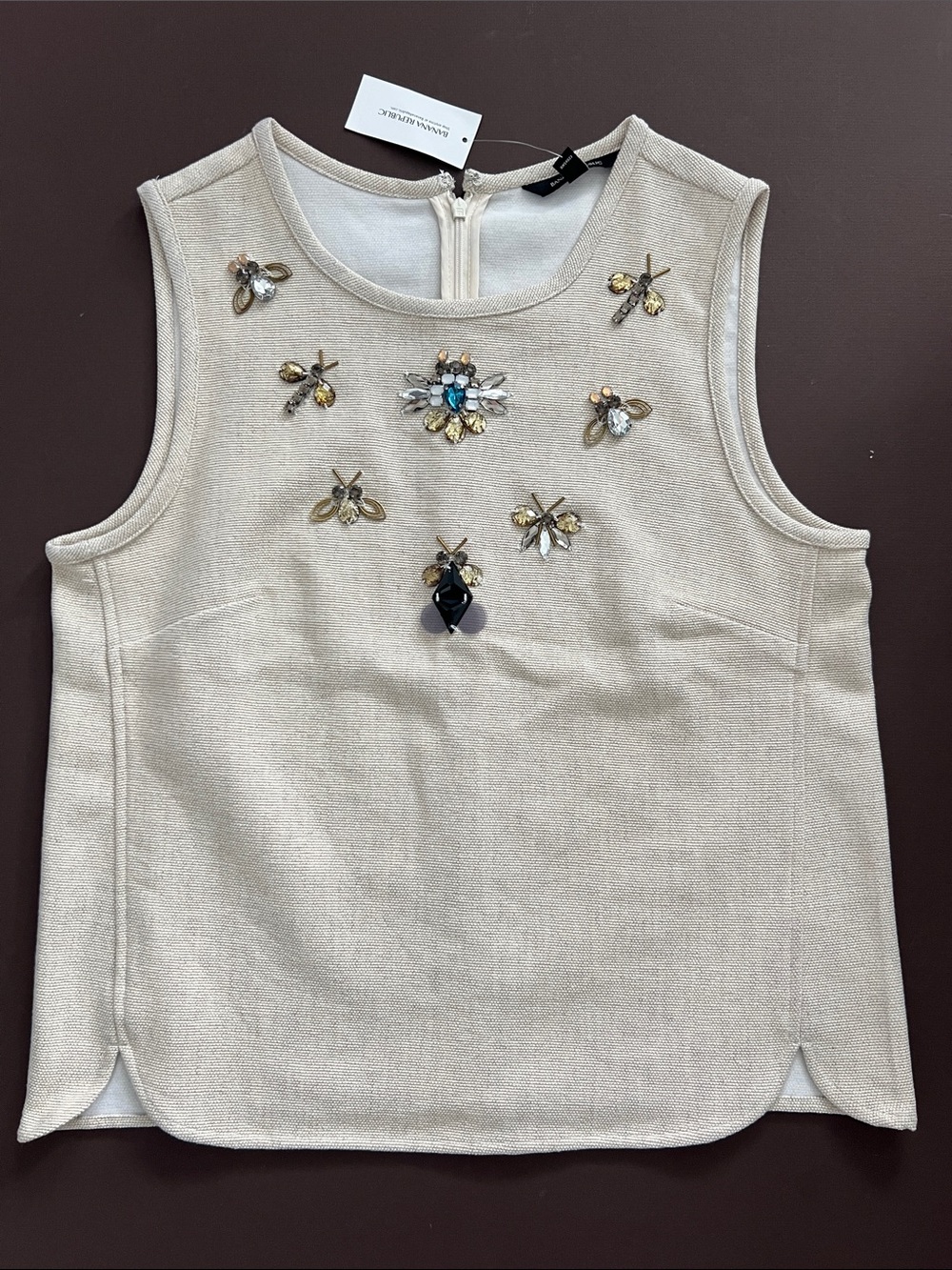 Banana Republic Tan Sleeveless Top with Jeweled Insect Accents